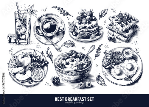 Delicious and varied breakfast: scrambled eggs with bacon, Belgian waffles, coffee, and porridge with fruit. Hand-drawn sketches.