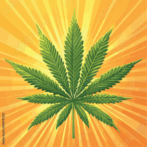 Green cannabis leaf glows in golden sun, showing medicinal plant science and health. Organic herb shows research in botany and wellness treatment. , vector style simple color