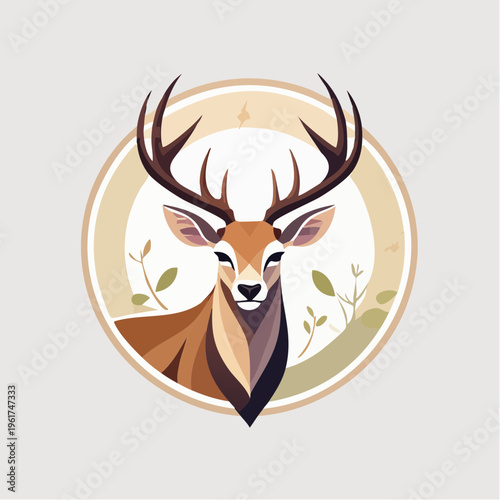 Majestic Stag with Antlers and Subtle Botanical Accents in a Circular Emblem