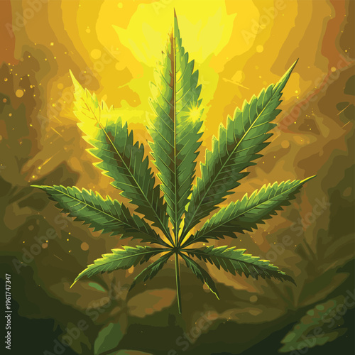 Green cannabis leaf glows in golden sun, showing medicinal plant science and health. Organic herb shows research in botany and wellness treatment. , vector style simple color