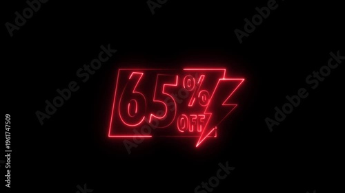 Blue neon 65 percent sale sign with percentage symbol and lightning bolt glowing in dark background for retail discount promotion advertising.