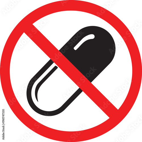 No pills allowed symbol prohibition sign with capsule icon representing healthcare restrictions and medical warnings isolated on white