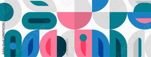Abstract geometric pattern. Overlapping shapes create colorful, modern design. Simple forms, teal, pink, gray hues dominate composition.