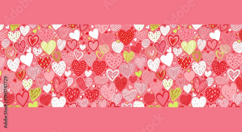 A charming and romantic seamless pattern of diverse pink and red hearts in various textures and sizes, perfect for Valentine's Day and love-themed designs