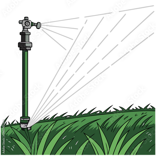 A green lawn sprinkler watering the grass