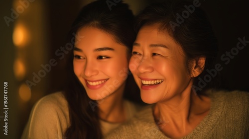 This photograph of a mother and daughter showcases family love and warmth, filled with happiness and beauty as they share joyful moments.