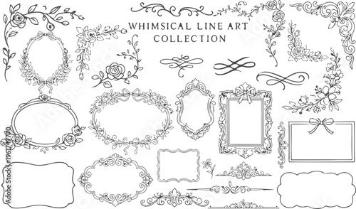 Whimsical outline style vintage frames and decorative elements in a romantic bookish style on white background, For Invitation, wedding stationery print and branding design