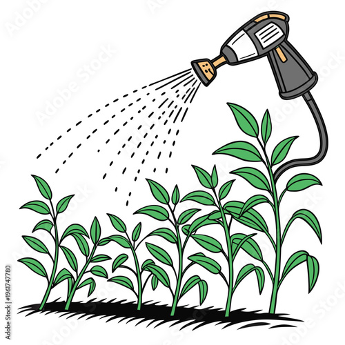 A watering can spraying water on green plants