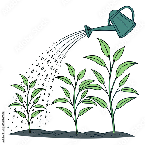 A green watering can watering three small plants