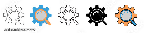 Settings Search Icon,  System Optimization, Process Analysis, Gear with Magnifying Glass Line Vector, Outline, Filled, Glyph and Color Styles, Business and Technology UI Vector Collection