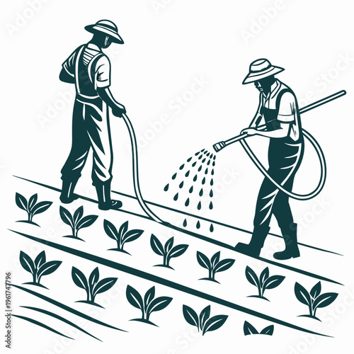Two farmers watering plants with a hose
