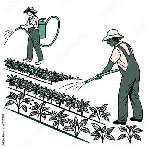 Farmers spraying pesticide on plants
