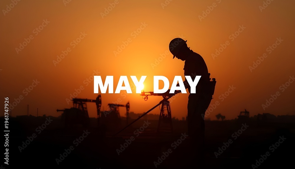 Fototapeta premium A silhouette of a worker in an oil field at sunset with the words May Day superimposed.