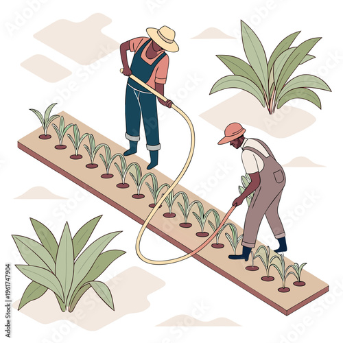 Two farmers watering plants on a long rectangular patch of land
