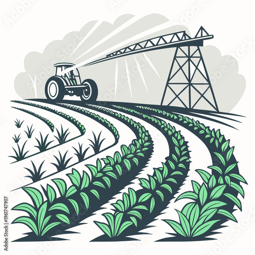 Tractor spraying crop field with boom