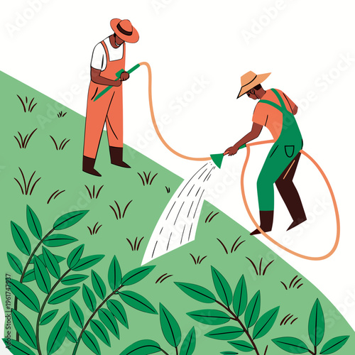 Two people watering plants with a hose