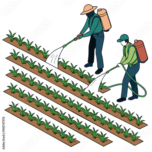 Farmers spraying pesticide on crop rows