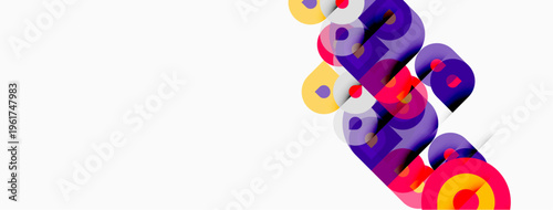 Colorful abstract shapes overlap white background. Modern design elements create dynamic visual impact. Bright hues suggest energy, creativity.