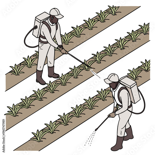 Workers spraying pesticide on plants in a farm