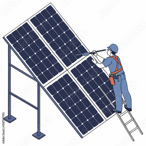 Worker installing solar panel on a metal structure