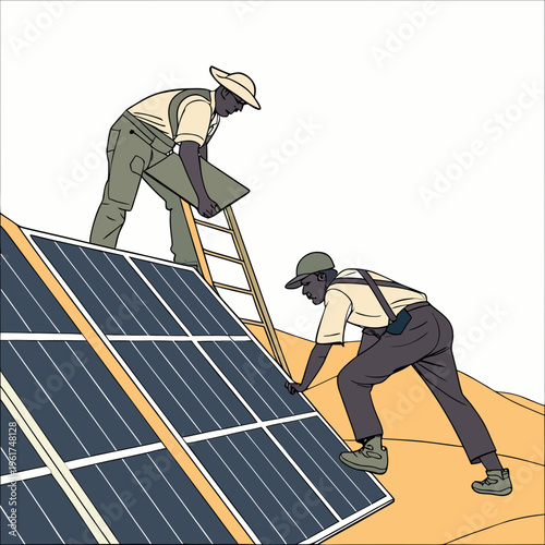 Two workers installing solar panels on a roof