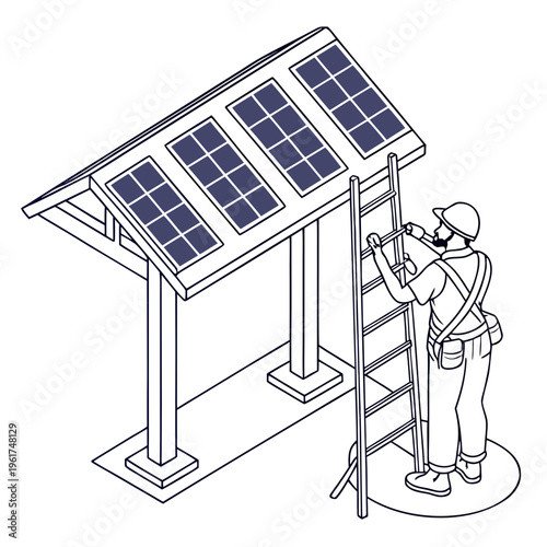 Worker installing solar panels on a roof