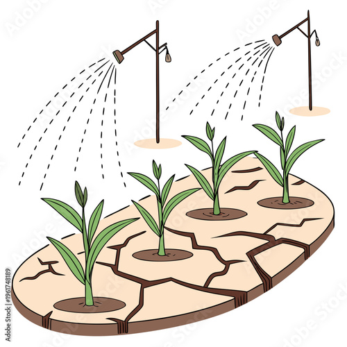 A cracked earth with plants being watered by sprinklers