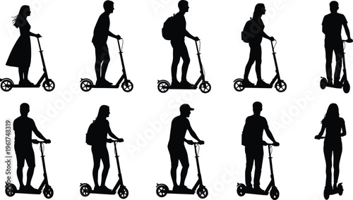 Electric scooter rider silhouette collection featuring people commuting, urban mobility poses, modern transportation scenes, vector illustration set for city design