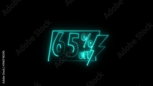 Blue neon 65 percent sale sign with percentage symbol and lightning bolt glowing in dark background for retail discount promotion advertising.