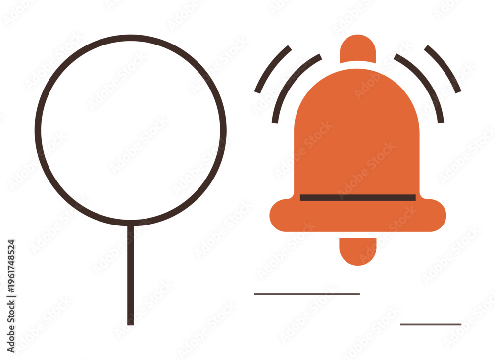 Fototapeta premium Notifications, alerts, search systems, online tools, user interface, productivity. Brown magnifying glass and a ringing orange bell icon. Notifications and search systems concept