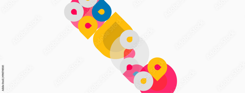 Fototapeta premium Colorful text spells bubble, overlapping circles create playful design. Bright hues, simple shapes, modern aesthetic.