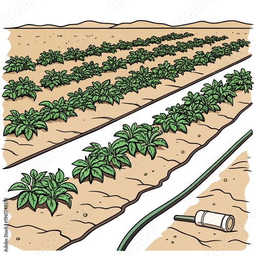 A field of plants being irrigated with a green hose