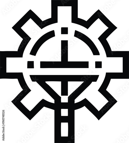 Black outline icon of a cogwheel featuring a precision level tool symbolizing system settings and adjustment