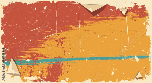 A grungy orange and red background with torn paper