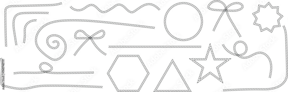 Fototapeta premium Diverse collection of twisted black outline rope elements forming various shapes and lines on a plain white background