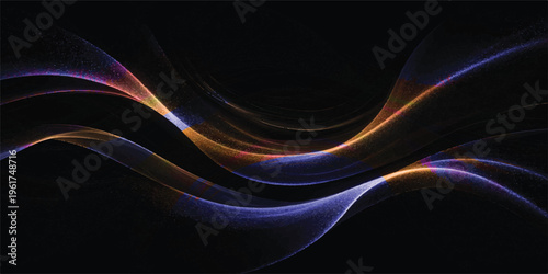 Abstract wavy ribbons of light in purple and orange hues against a black background, digital rendering, ethereal glow, fluid motion, dark background