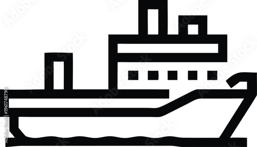 Cargo Ship or Freight Vessel Outline Icon for Global Maritime Transportation Logistics