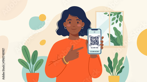 A woman holding a smartphone displaying a QR code, pointing to it, with plants in the background.