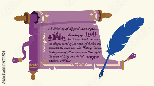 An ancient purple scroll unfurled, depicting a history of legends and lore with a castle illustration, accompanied by a vibrant blue feather quill.