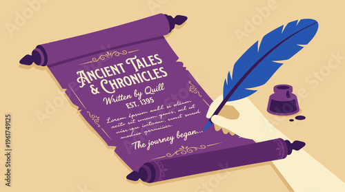 An illustration of a hand writing on an ancient purple scroll with a blue quill pen and inkwell, depicting storytelling and historical chronicles.