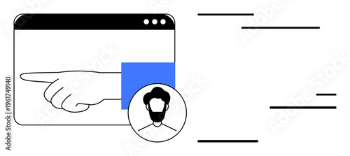 Digital communication, online identity, social media, technology interface, user interaction, networking. A hand pointing and a person icon on a web page. Digital communication and online identity