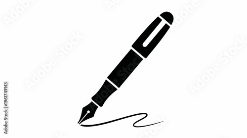 Black silhouette of a classic fountain pen creating a small ink line, symbolizing writing and communication.