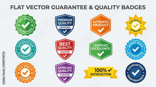 Flat vector guarantee and quality badges collection with various shapes and colors for product assurance.
