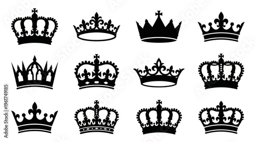 A collection of twelve distinct black silhouette crown designs, showcasing various royal and regal headwear styles and symbols of monarchy.