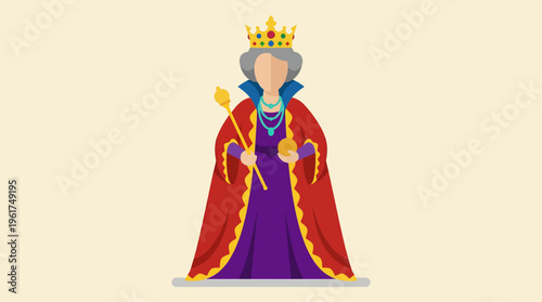 An illustration of an elderly queen wearing a golden crown, a royal red and purple robe, holding a scepter and an orb, depicted against a plain background.