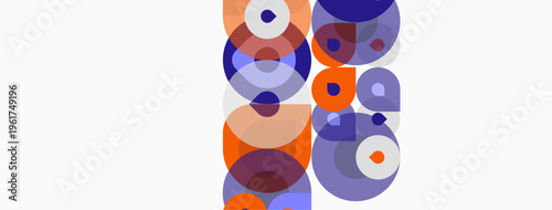 Abstract composition featuring overlapping circles. Orange, purple, blue hues create dynamic visual texture. Minimalist design, clean background.
