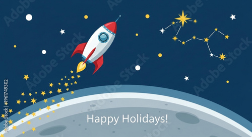Colorful rocket ship blasts off into starry night sky with happy holidays greeting on moon surface