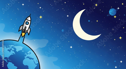 Rocket ship launches into space with crescent moon and stars in the background at night