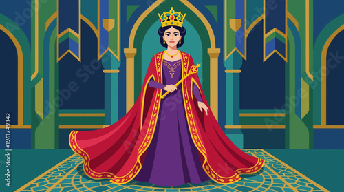 An elegant queen in a purple gown and red cape, wearing a golden crown and holding a scepter, stands regally in a grand, ornate palace hall.
