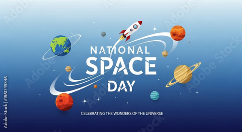 National space day celebration with planets and rocket in blue background